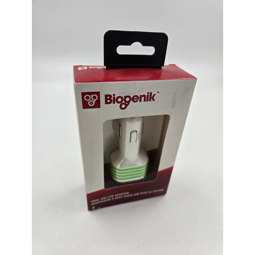 Biogenik Dual USB Car Adaptor White Green BGK809 2.4A 1.0A Tablet Phone Charger